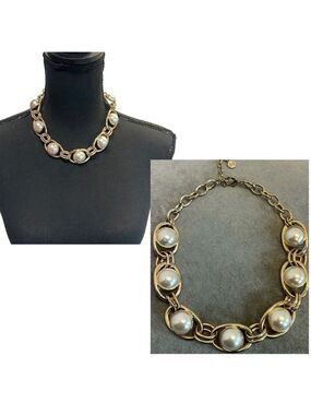RJ Graziano faux Pearl gold tone chain link Choker Necklace  Signed Adjustable
